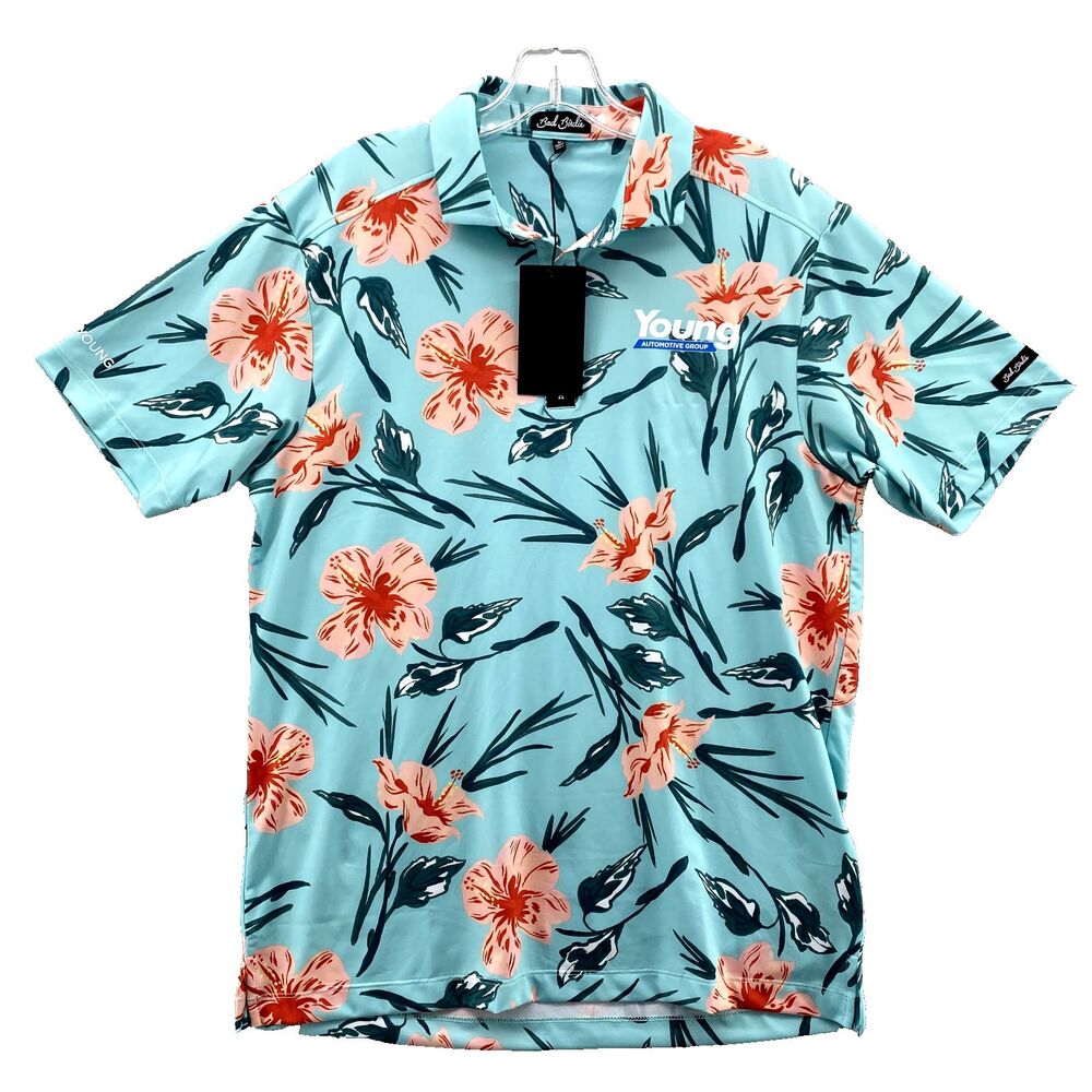 Bad Birdie Polo Shirt Men's Medium Blue Hawaiian Floral Performance Preppy Golf